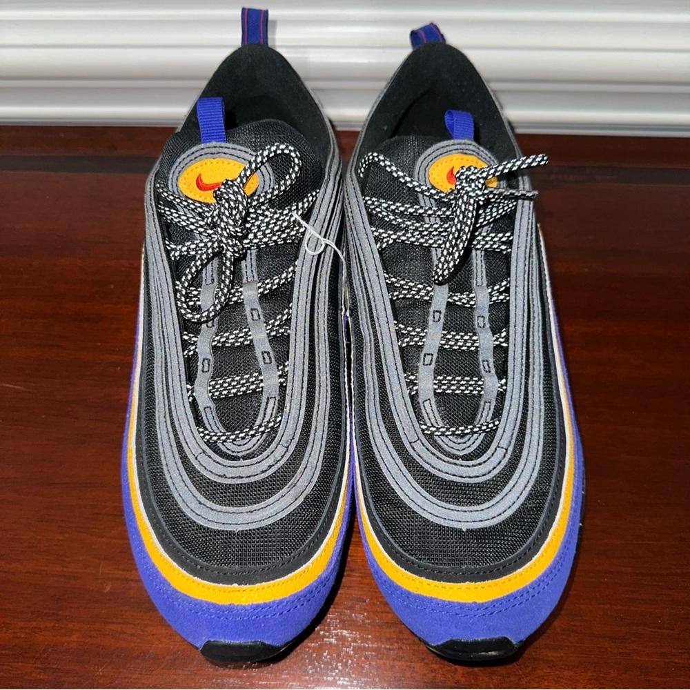NIKE, PURPLE/GOLD/BLACK, MENS AIR MAX ‘97 RUNNING SNEAKERS     Size: 10.5